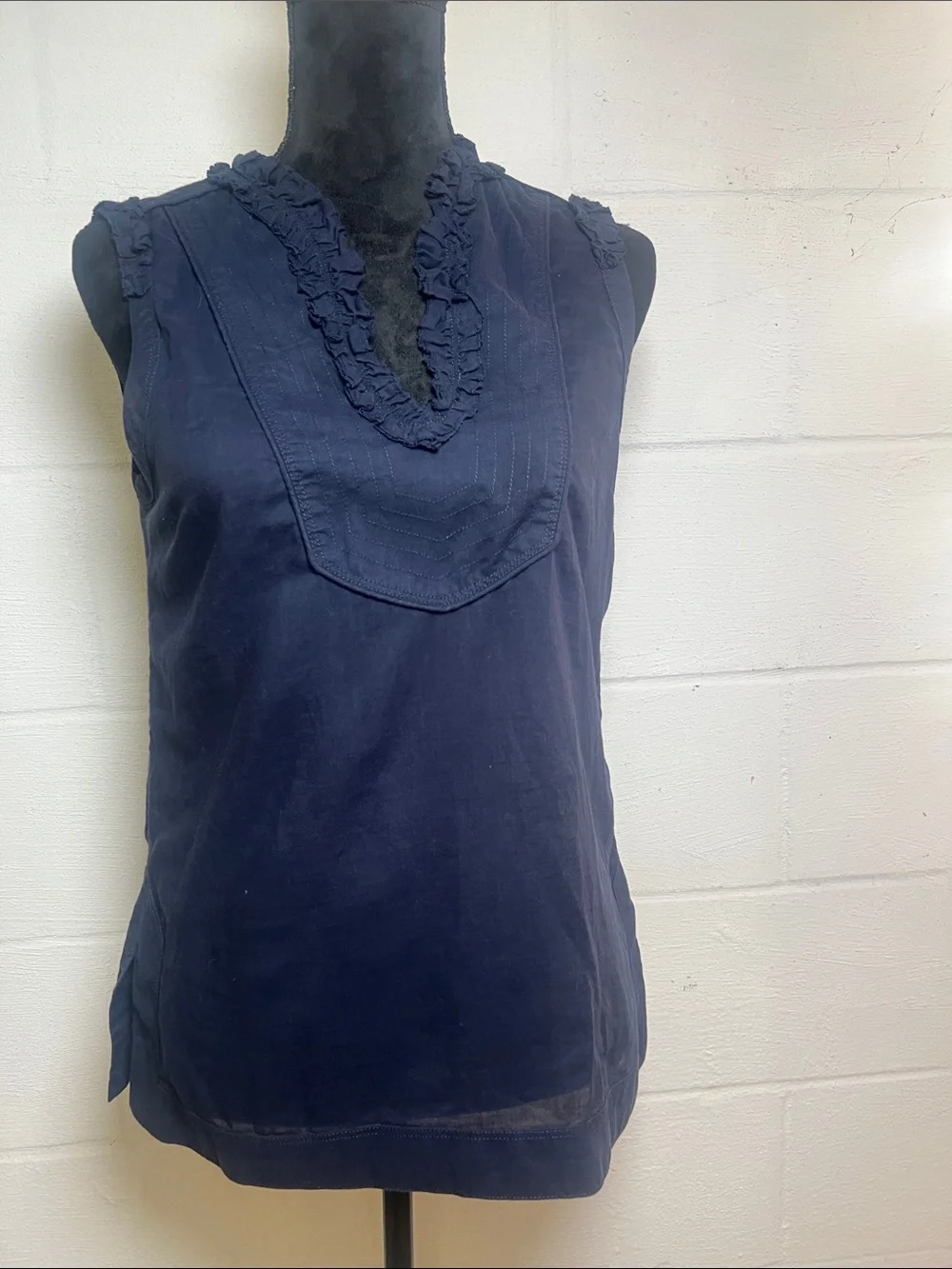 Preppy Boho Coastal Ruffle Sleeveless Cotton Navy Blue shirt by Tory Burch